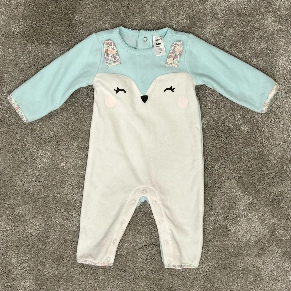 Carter's 6M Baby Girl Fox Mint Green Velour Sleep & Play Onesie
